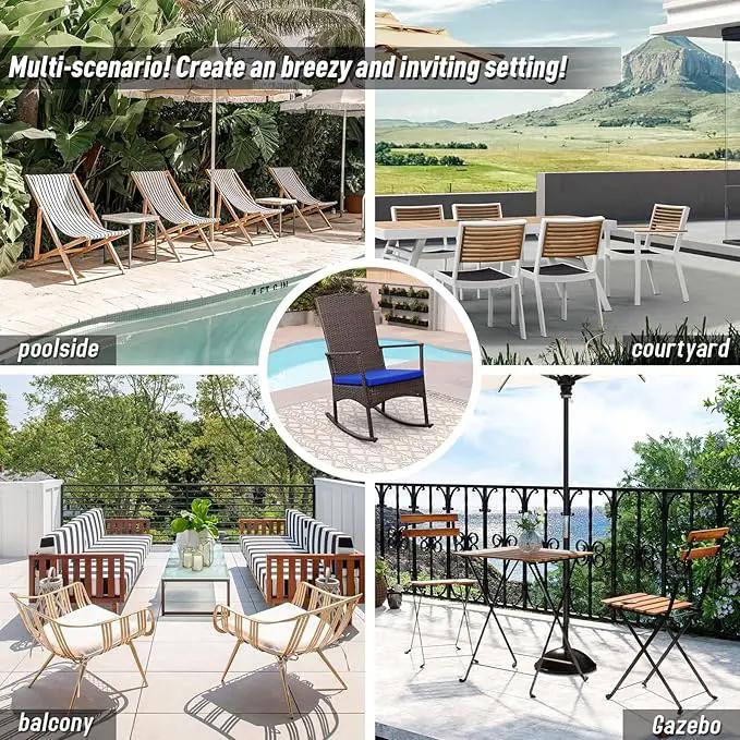 Outdoor Rocking Chairs Set - 3 High-Backed Patio Rockers with Bistro Table & Anti-Slip Cushions, Dark Blue by GreenHaven Gardens