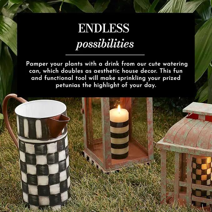 MACKENZIE-CHILDS Watering Can, Outdoor Galvanized Watering Can, Black-and-White Check It Out by GreenHaven Gardens