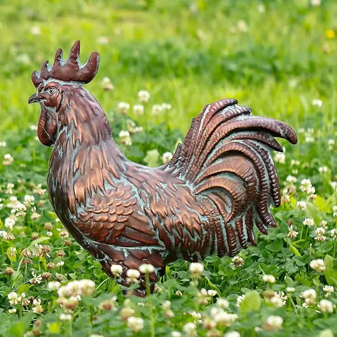 Garden Rooster Statues,15.7" L x 18.8" H Outdoor Metal Chicken Figurines,Antique Copper Chicken Sculptures & Statues Ornaments,3D Large Yard Rooster Decor for Home Kitchen Patio Farm by GreenHaven Gardens