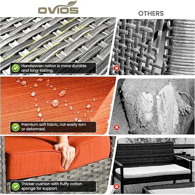 ovios 6 Pieces Patio Furniture Set with 42" Fire Pit Table, Outdoor Wicker Sofa with Comfy Cushions, All Weather High Back Rattan Couch Conversation Set, Orange Red by GreenHaven Gardens
