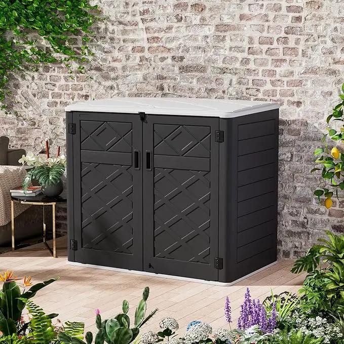 Resin Outdoor Storage Shed, 38 cu.ft Outdoor Storage Box Waterproof for Garden Tools, Patio Furniture, Trash Cans, Garage Storage, Lockable (Black) by GreenHaven Gardens