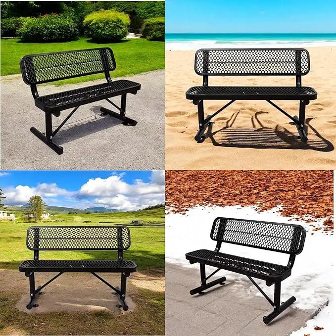 4 FT Heavy Duty Metal Park Bench with Back for Outside, Outdoor Black Bench with Backrest & Portable Frame, 1-3 Person Seat-Commercial Benches Garden Benches for Outdoors by GreenHaven Gardens