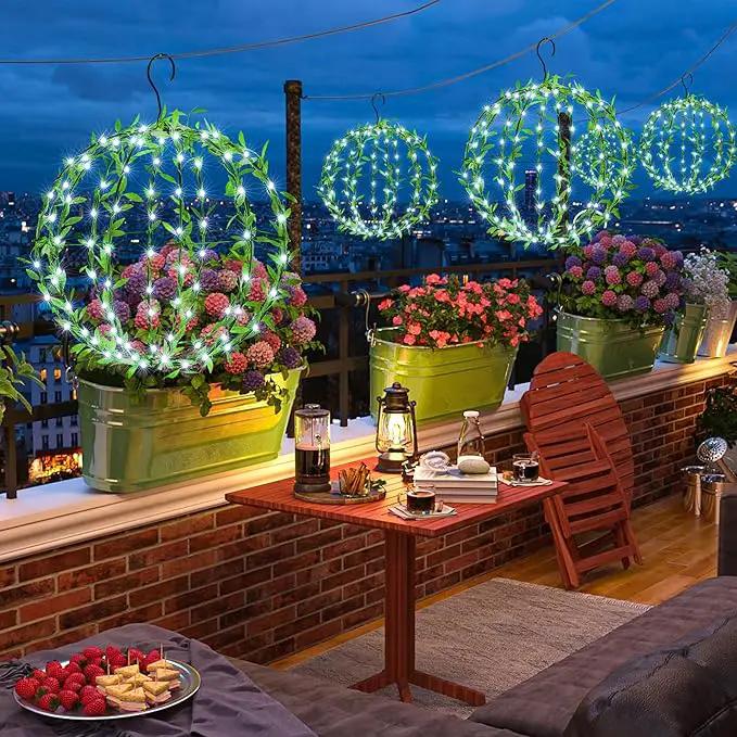 Solar Powered Hanging Iron Sphere Lights with Artificial Greenery – 12Inch 120 LED Waterproof Outdoor Decor Ball Light with Timer & 8 Modes – 2 Pack for Garden, Christmas, Weddings (Cool White) by GreenHaven Gardens