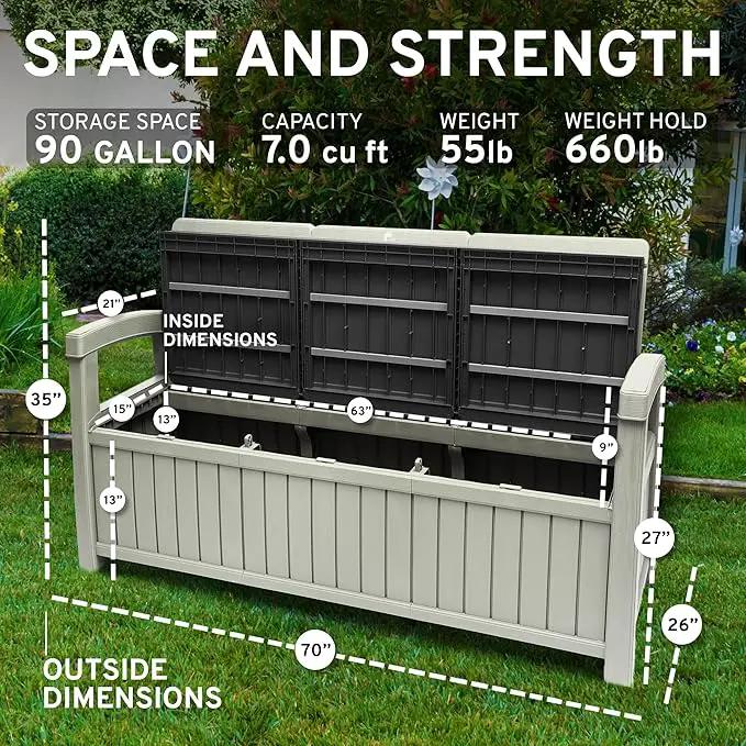 EconoHome 3 Seat Outdoor Storage Bench with Rain Cover - 90 Gallon Capacity - Weatherproof Resin Bench for Patio, Porch, Garden, Yard, Pool Area - Furniture for Pool Accessories, Gardening Tools by GreenHaven Gardens