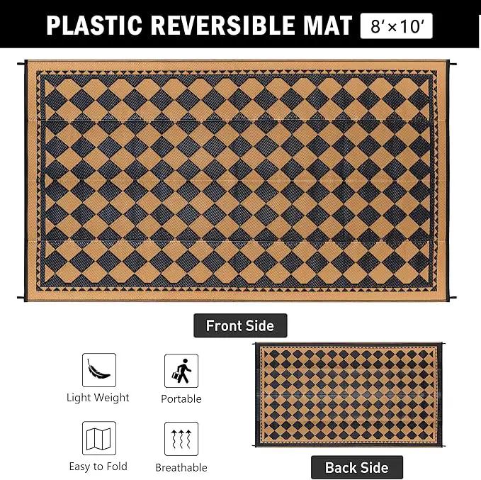 Outdoor Waterproof Rug 8'x10' Plastic Straw Rugs Washable Reversible Floor Mat Brown Plaid Carpet for Camping RV Deck Entryance Porch Picnic Balcony Beach Backyard by GreenHaven Gardens