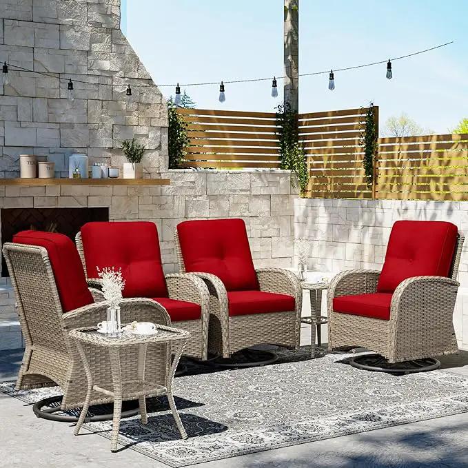 Joyside Outdoor Swivel Rocker Chairs, 6 Piece Wicker Patio Set with Thick Cushion and Side Table, Rattan Patio Swivel Rocking Chairs for Porch, Deck Use (Natural/Red, 6 PCS) by GreenHaven Gardens