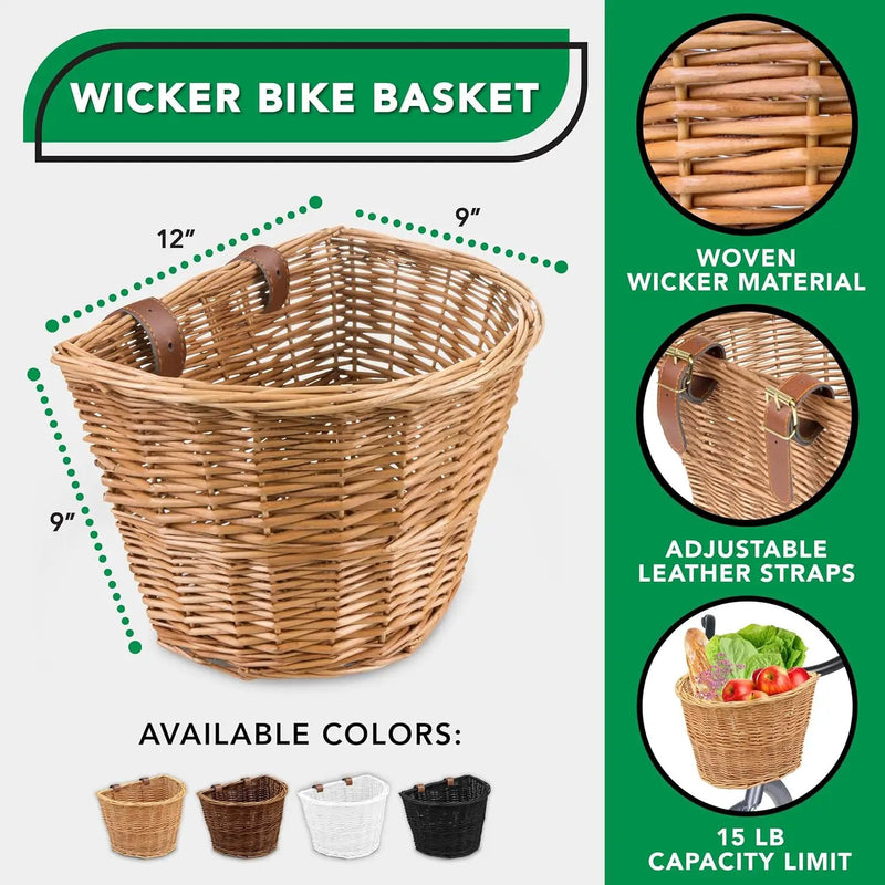 ProSource Wicker Bike Basket Front Cargo for Women and Men, Fits Most Bikes, Beach Cruiser, Stationary Bike, Ebike, Road Bike, Light Brown by GreenHaven Gardens