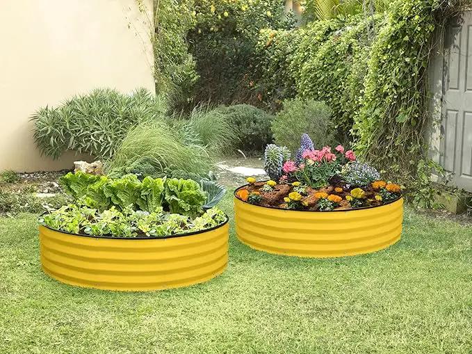 Round Galvanized Raised Garden Bed // 4×4×1 ft (2-Pack) Galvanized Raised Garden Beds Outdoor for Gardening, Vegetables, Flowers // Patented Tool-Free Design Round Planter (Yellow) by GreenHaven Gardens