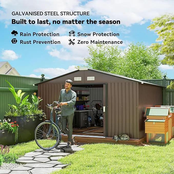 Outsunny 11' x 13' Outdoor Storage Shed, Garden Tool Metal Shed with Foundation Kit, Double Lockable Door, Air Vents and Sloping Roof, for Backyard, Patio, Lawn, Brown by GreenHaven Gardens