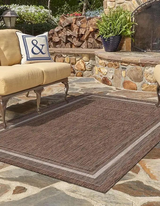 Unique Loom Outdoor Border Collection Area Rug - Soft Border (5' 3" x 7' 1" Rectangle Brown/Ivory) by GreenHaven Gardens