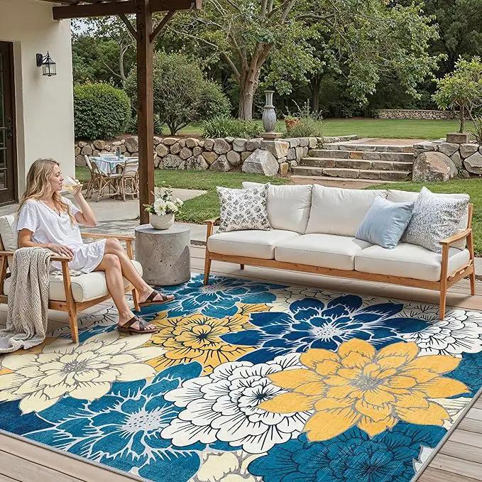 GENIMO Indoor Outdoor Area Rug 8' X 10' Waterproof, Washable Patio Rug Non Shedding, Easy Cleaning Floral Outdoor Carpet for Living Room, Bedroom, Dining Room, Balcony, Backyard, Deck, RV, Blue by GreenHaven Gardens