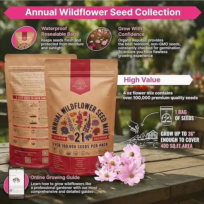 Organo Republic 21 Annual Wildflower Seeds Mix for Indoor & Outdoors. 100,000+ Non-GMO, Heirloom Wildflower Garden Seeds, 4oz Packet for Growing Wild Flowers to Attract Bees, Butterflies & Birds by GreenHaven Gardens