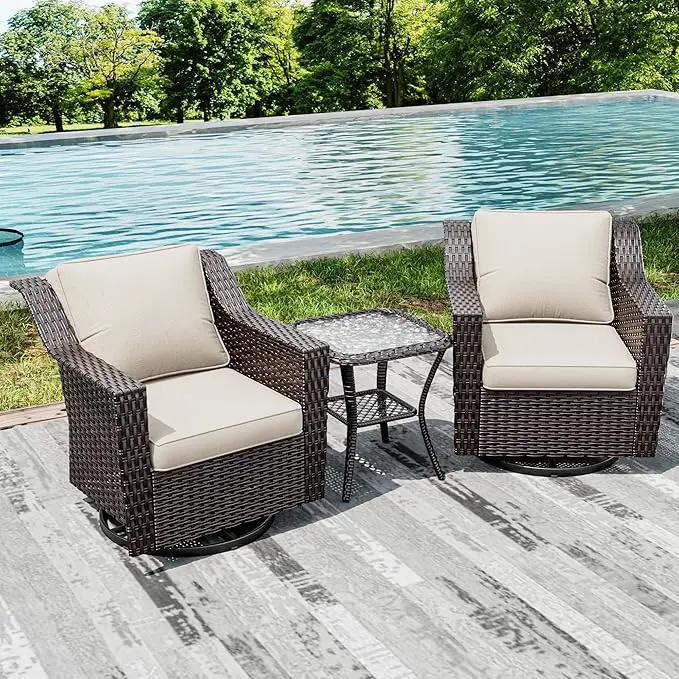 Joyside Wicker Patio Furniture Sets, 3 Pieces Upgraded Large Size Outdoor Furniture with 2 Patio Swivel Chairs and 1 Side Table, Thick Cushions, Wide Armrest by GreenHaven Gardens