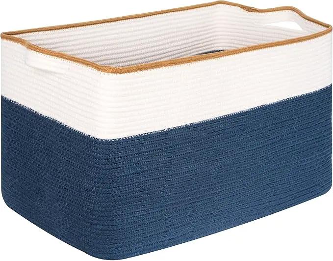 MINTWOOD Design 22in Extra Large Blanket Basket Holder Living Room, Rectangle Rope Woven Storage Basket with Handles for Laundry, Pool Towels, and Shoes, Dog Toy Organizer Bin Box, Prussian Blue by GreenHaven Gardens