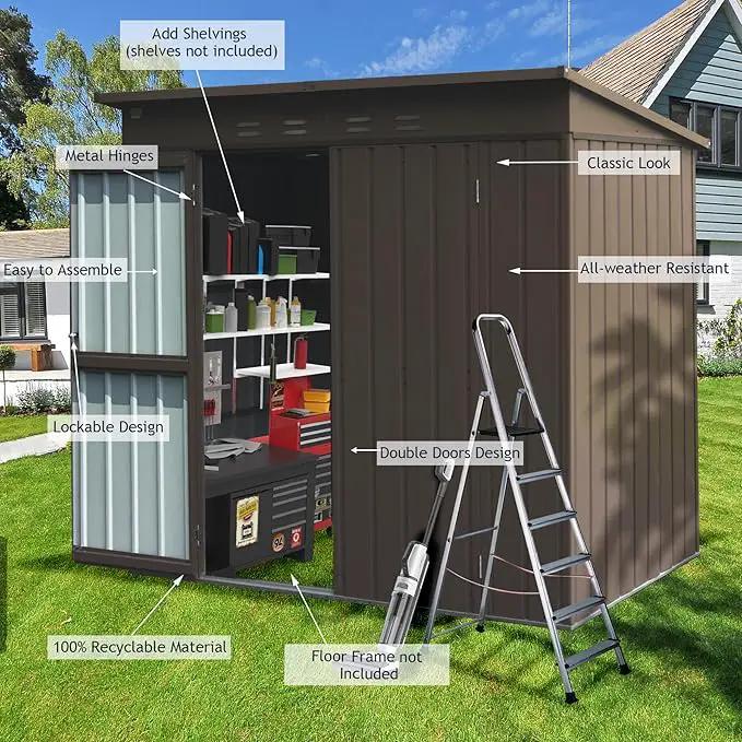 Domi Outdoor Storage Shed 6' x 4.5’, Metal Garden Shed with Galvanized Steel Frame for Bike, Tools, Lawn Mowers, Pool Toys, Outdoor Storage Cabinet with Lockable Door for Garden Lawn Patio (Brown) by GreenHaven Gardens