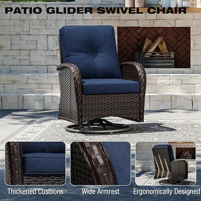 Joyside 10 Piece Patio Furniture Set, Outdoor Wicker Conversation Sets with Swivel Rocker Chairs and Sofa, Thick Cushion, Rattan Patio Sectional for Porch, Deck Use (Brown/Blue, 10 PCS) by GreenHaven Gardens