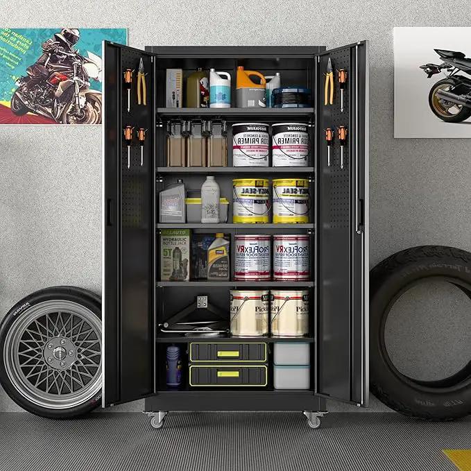 Garage Storage Cabinet with Wheels & Pegboard, 71" H×34" W×18" D Locking Metal Storage Cabinet with 2 Doors and 5 Adjustable Shelves for Garage Workshop Home, Black, Assembly Required by GreenHaven Gardens
