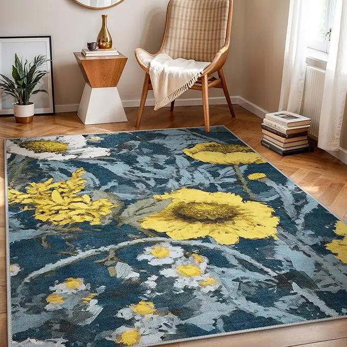 GENIMO Indoor Outdoor Area Rug 6' X 9' Waterproof, Washable Patio Rug Non Shedding, Easy Cleaning Floral Outdoor Carpet for Living Room, Bedroom, Dining Room, Balcony, Backyard, Deck, RV, Blue Yellow by GreenHaven Gardens