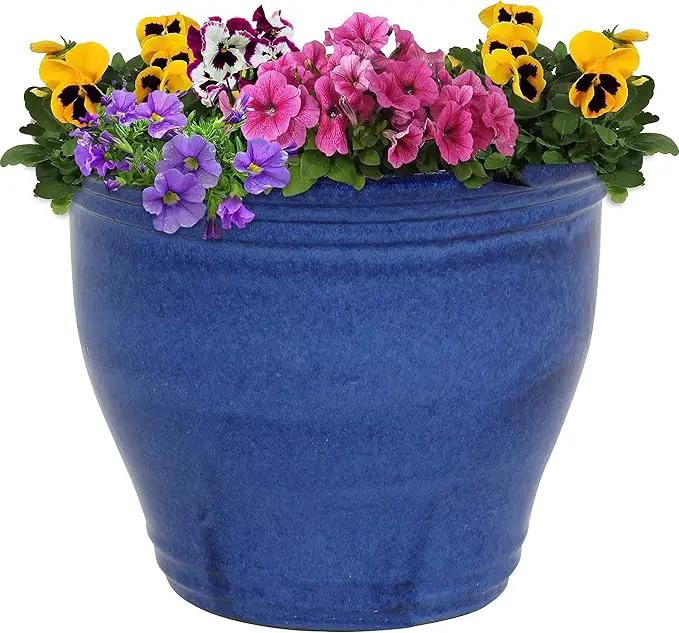 Sunnydaze Studio Large Ceramic Plant Pot - Round Outdoor Glazed Ceramic Planter Pot with Drainage - Imperial Blue - 14.5" by GreenHaven Gardens
