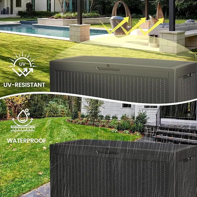 100 Gallon Storage Box, Waterproof Resin Deck Box with Hydraulic Piston Design, Lockable Storage Bench for Package Delivery, Storage Bin for Patio Cushions, Garden Tools, Black by GreenHaven Gardens