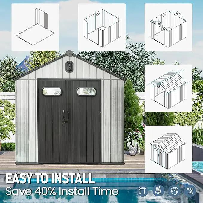 Domi 8x8 FT Outdoor Resin Storage Shed, All-Weather Double-Wall Storage Building for Backyard, Garden, Lawn Tools, Mower, Bike & Pool Equipment, Lockable Doors, Ventilated Roof, Grey by GreenHaven Gardens