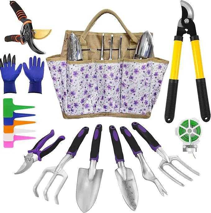 Gardening Tools – 42 Piece Premium Gardening Tool Set,Heavy Duty Hand Tools with Fashion Garden Tools Organizer Handbag,Rust-Proof Gardening Tool Kit, Ideal Gardening Gifts for Women((Purple Floral) by GreenHaven Gardens