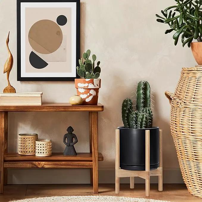 D'vine Dev Ceramic Planter with Natural Stand - 10 Inch Modern Round Flower Pot with Wood Planter Holder, Black, 55-B-K-2 by GreenHaven Gardens