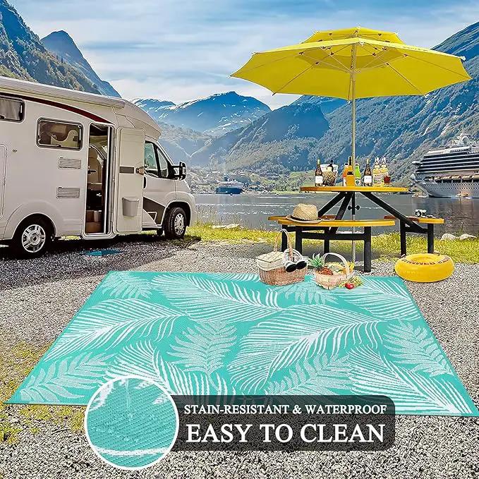 Pauwer Waterproof Outdoor Rug 8x10, Reversible Plastic Straw Patio Camping Rug, Indoor Outdoor RV Mat Carpet for Deck, Camper, Porch, Balcony, Backyard, Picnic, Leaf Light Blue by GreenHaven Gardens