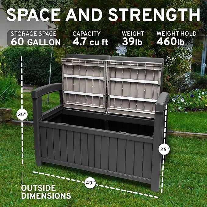 EconoHome 2 Seat Outdoor Storage Bench with Rain Cover - 60 Gallon Capacity - Weatherproof Resin Bench for Patio, Porch, Garden, Yard, Pool Area - Furniture for Pool Accessories, Gardening Tools by GreenHaven Gardens