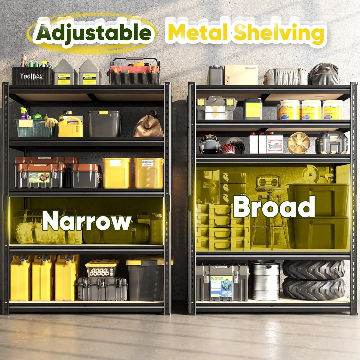 72" H Garage Shelving, 5 Tier Storage Shelves Load 2500 lbs, Adjustable Garage Shelves, Metal Shelving Unit for Warehouse, Basement, Pantry, 40" Wx 16" D x 72" H, Black by GreenHaven Gardens