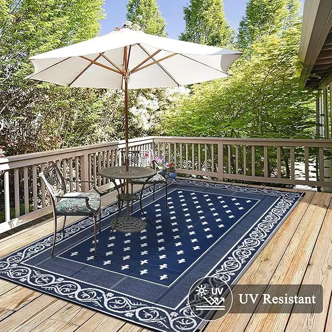 Pauwer Waterproof Outdoor Rug 6x9, Reversible Plastic Straw Patio Camping Rug, Indoor Outdoor RV Mat Carpet for Deck, Camper, Porch, Balcony, Backyard, Picnic, Bordered Navy by GreenHaven Gardens