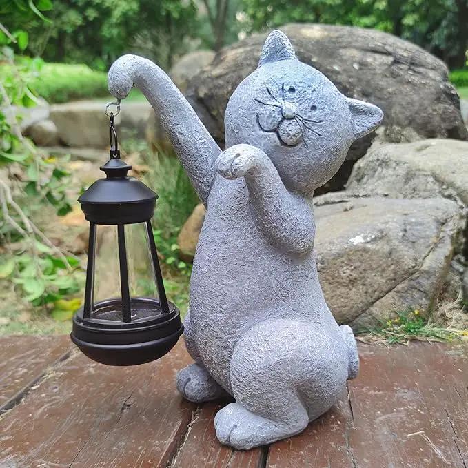Cat Solar Garden Statues,Resin Cat Figurine Decorations with Solar Lights Lantern, Outdoor Figurines Lawn Cats Statue Decor Art for Lawn,Yard, Balcony Ornament,Gift for Garden Home Mom. by GreenHaven Gardens