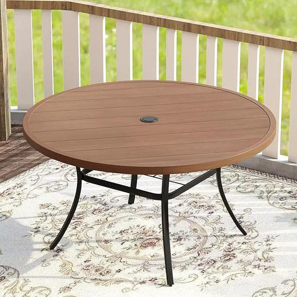 VICLLAX 53" Outdoor Round Patio Table for Lawn Garden, All Weather Metal Round Patio Dining Table with Adjustable Umbrella Hole, Patio Table for 8 Person, Walnut Tabletop