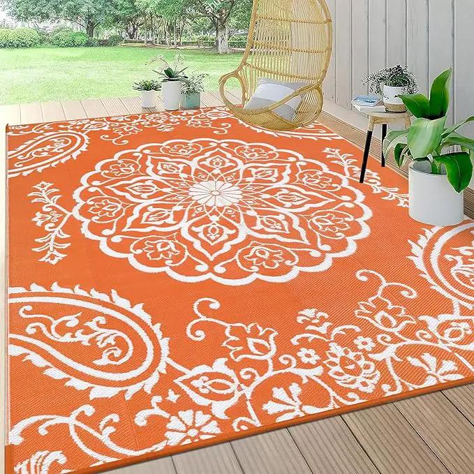 Pauwer Waterproof Outdoor Rug 8x10, Reversible Plastic Straw Patio Camping Rug, Indoor Outdoor RV Mat Carpet for Deck, Camper, Porch, Balcony, Backyard, Picnic, Boho Orange by GreenHaven Gardens