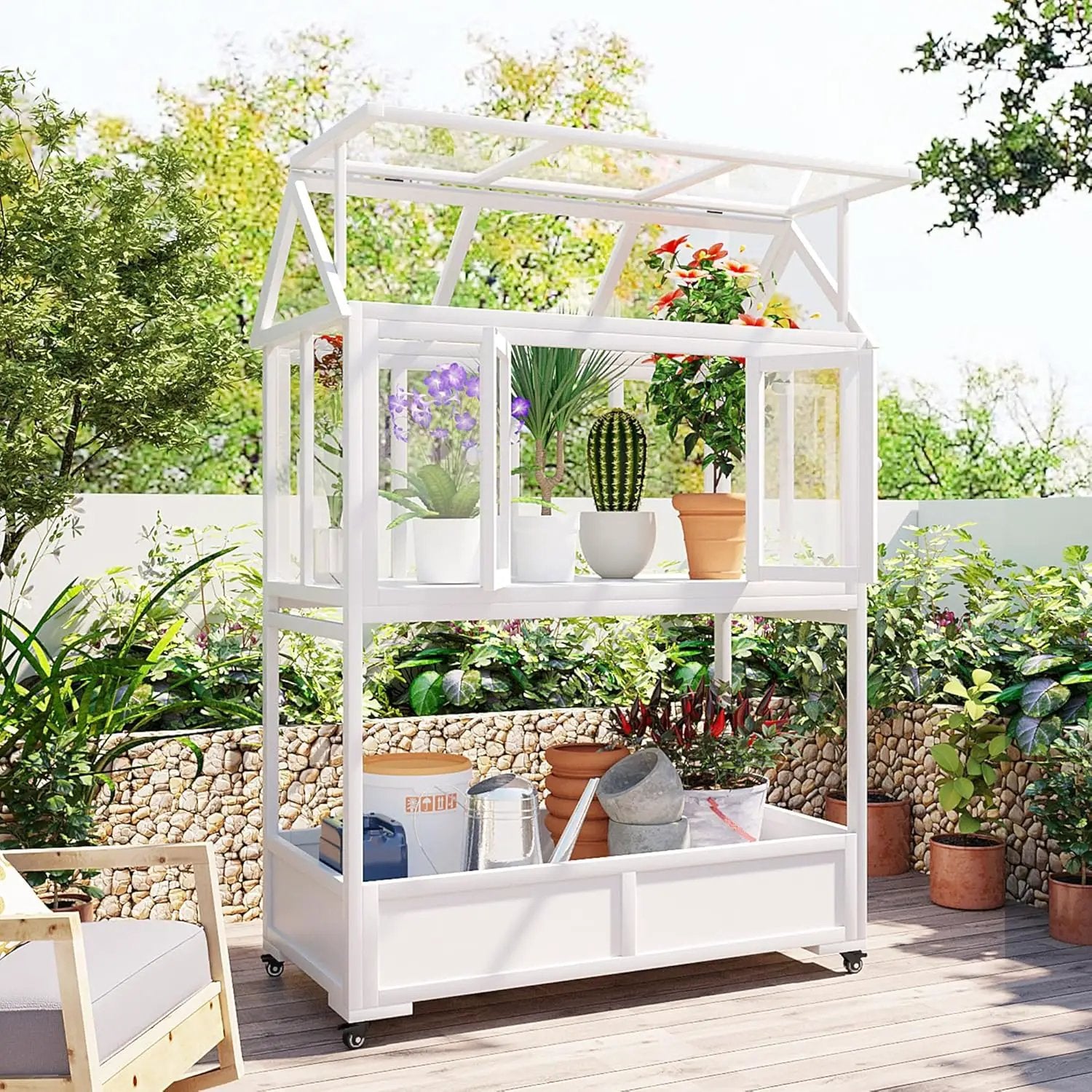 Greenhouse Cold Frames with Wheels - Adjustable Shelves Portable Cold Frame for Balcony/Patio, UV-Resistant Indoor Outdoor Plant Growing Cabinet (Large, Heavy-Duty) (White) by GreenHaven Gardens