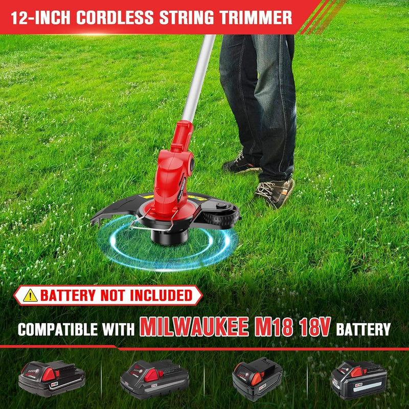 Cordless String Trimmer Compatible with Milwaukee M18 18V Battery, 12-Inch Weed Wacker Cordless, Auto Line Feed, Electric Weed Eater Battery Powered, Grass Trimmer w/ 6 Line Spools (Tool Only) by GreenHaven Gardens