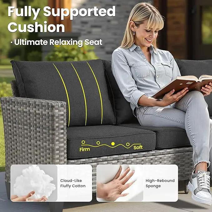 ovios 8 Pieces Patio Furniture Set with 54" Fire Pit Table, Outdoor Wicker Sofa with Comfy Cushions, All Weather High Back Rattan Couch Conversation Set, Black by GreenHaven Gardens