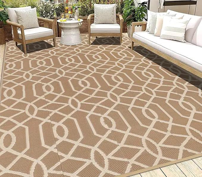 HEBE Outdoor Rug Waterproof 8x10, Reversible Plastic Straw Rug RV Camping Rug, Indoor Outdoor Patio Mat Clearance, Outside Carpet for Porch,Deck,Camper,Balcony,Backyard,Picnic by GreenHaven Gardens