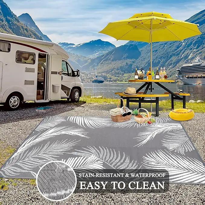 Pauwer Waterproof Outdoor Rug 8x10, Reversible Plastic Straw Patio Camping Rug, Indoor Outdoor RV Mat Carpet for Deck, Camper, Porch, Balcony, Backyard, Picnic, Leaf Grey by GreenHaven Gardens