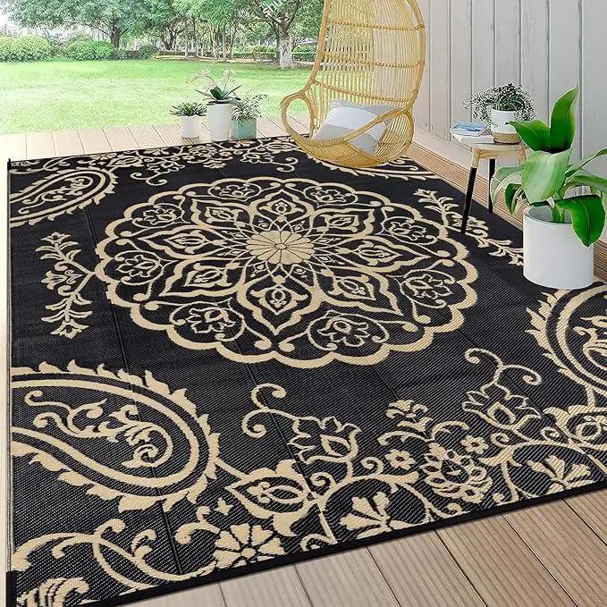 Pauwer Waterproof Outdoor Rug 8x10, Reversible Plastic Straw Patio Camping Rug, Indoor Outdoor RV Mat Carpet for Deck, Camper, Porch, Balcony, Backyard, Picnic, Boho Black Brown by GreenHaven Gardens