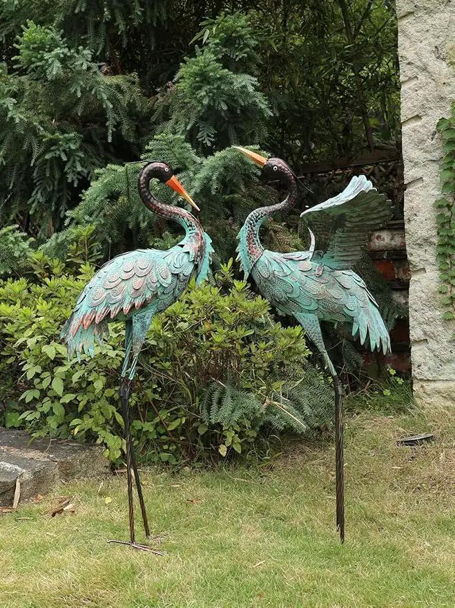 YEAHOME Garden Decor Outdoor Statues, 38"/36" Large Metal Heron Standing Yard Art, Blue Crane Lawn Sculptures Garden Decor for Outside Patio Porch Backyard, Set of 2 by GreenHaven Gardens
