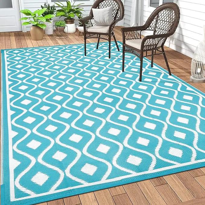 Pauwer Waterproof Outdoor Rug 9x12, Reversible Plastic Straw Patio Camping Rug, Indoor Outdoor RV Mat Carpet for Deck, Camper, Porch, Balcony, Backyard, Picnic, Geometric Teal by GreenHaven Gardens