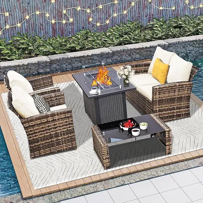 5 Piece Patio Furniture Set with 43" Propane Fire Pit Table, Outdoor Wicker Conversation Set, Rattan Modern Sectional Sofa Couch with Coffee Table for Backyard Porch Garden Poolside, Yellow-Beige by GreenHaven Gardens