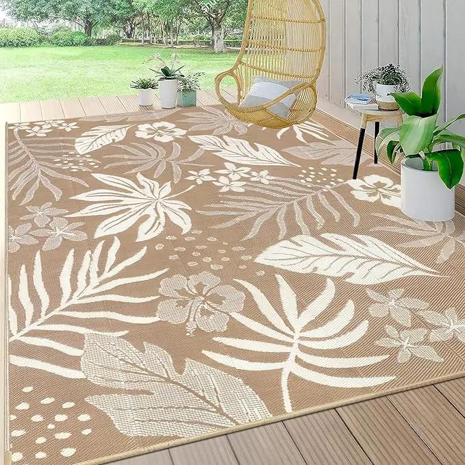 Pauwer Waterproof Outdoor Rug 9x12, Reversible Plastic Straw Patio Camping Rug, Indoor Outdoor RV Mat Carpet for Deck, Camper, Porch, Balcony, Backyard, Picnic, Floral Brown by GreenHaven Gardens
