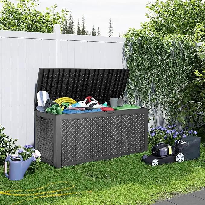 100 Gallon Resin Deck Box, Lockable Patio Outdoor Storage Box for Furniture, Garden Tools and Tools Storage, Waterproof Outside Storage Boxes - Patterned black by GreenHaven Gardens