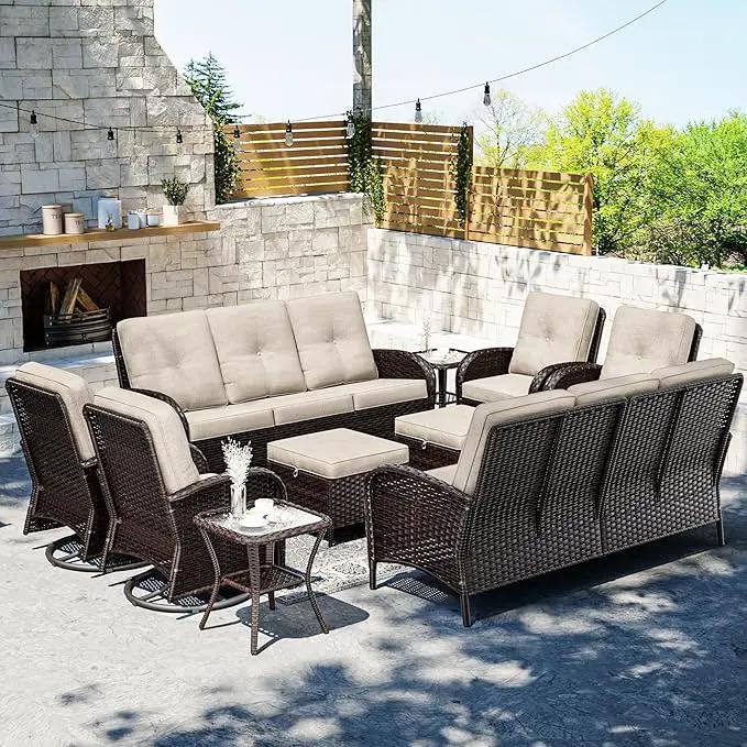Joyside 10 Piece Patio Furniture Set, Outdoor Wicker Conversation Sets with Swivel Rocker Chairs and Sofa, Thick Cushion, Rattan Patio Sectional for Porch, Deck Use (Brown/Beige, 10 PCS) by GreenHaven Gardens