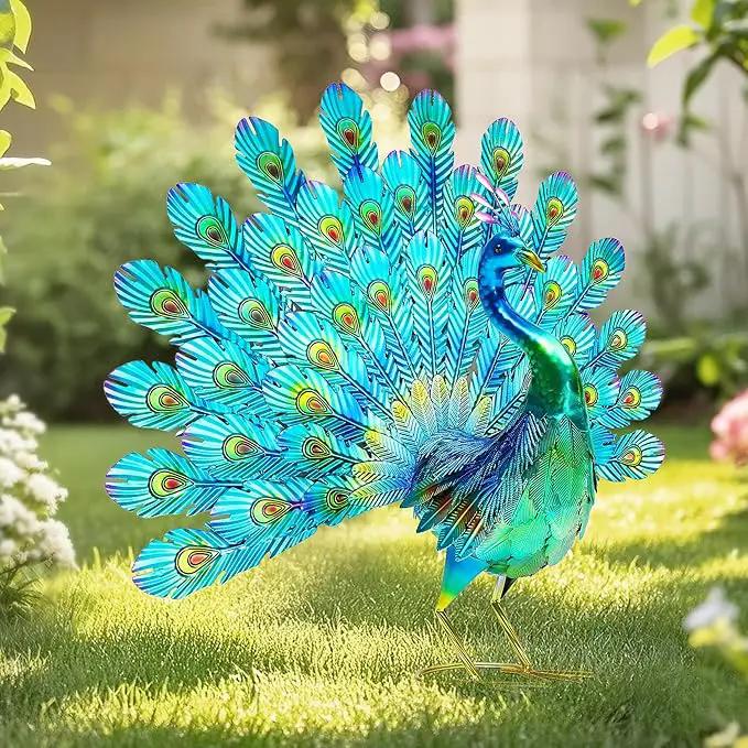 27.5" Tall Metal Peacock Garden Statue - Handmade, 3D Textured, Tail Spread Sculptures for Patio, Garden or Entryway. by GreenHaven Gardens