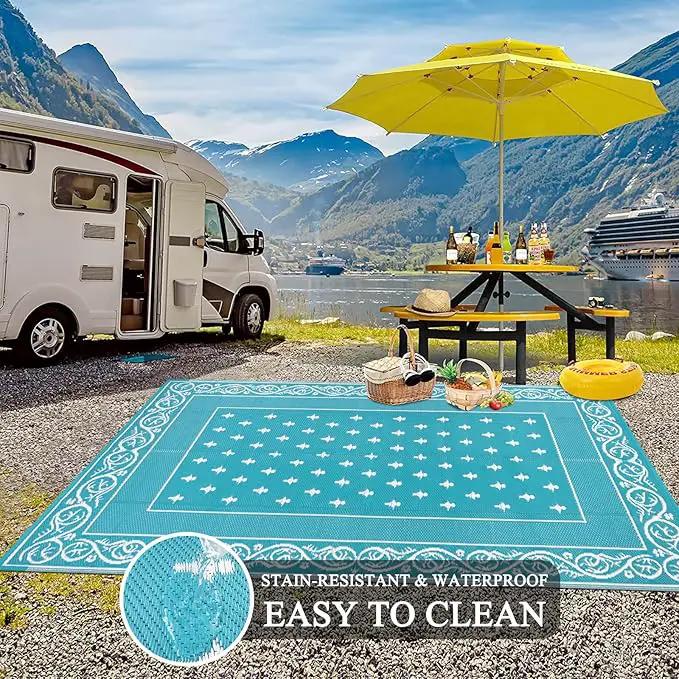 Pauwer Waterproof Outdoor Rug 9x12, Reversible Plastic Straw Patio Camping Rug, Indoor Outdoor RV Mat Carpet for Deck, Camper, Porch, Balcony, Backyard, Picnic, Bordered Teal by GreenHaven Gardens