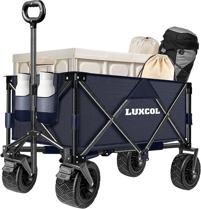 LUXCOL Collapsible Folding Wagon, Heavy Duty Utility Beach Wagon Cart for Sand with Big Wheels, Adjustable Handle&Drink Holders for Shopping, Camping,Garden and Outdoor Dark Blue by GreenHaven Gardens