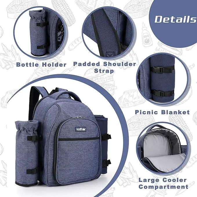 Apollo Walker Picnic Backpack Bag for 2 Person with Cooler Compartment, Detachable Bottle/Wine Holder, Fleece Blanket, Plates and Cutlery Set (2 Person, Navy) by GreenHaven Gardens